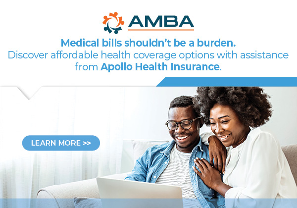 Couple smiling and looking at a laptop. Text reads: Medical bills shouldn't be a burden. Discover affordable health coverage options with assistance from Apollo Health Insurance