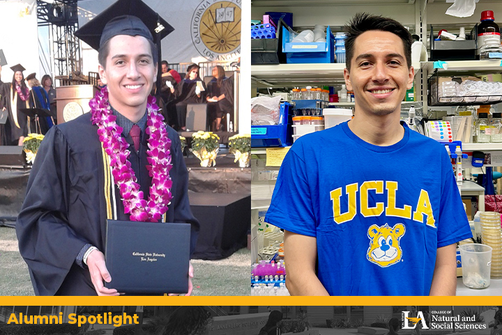Dr. Antonio Tinoco Valencia at his Cal State LA graduation (left) and in a UCLA lab wearing a blue UCLA shirt (right).
