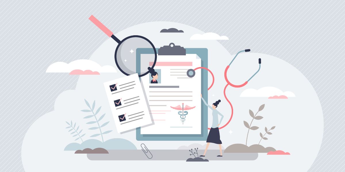Animated magnifying glass, stethoscope and a clipboard against a grey cloud.