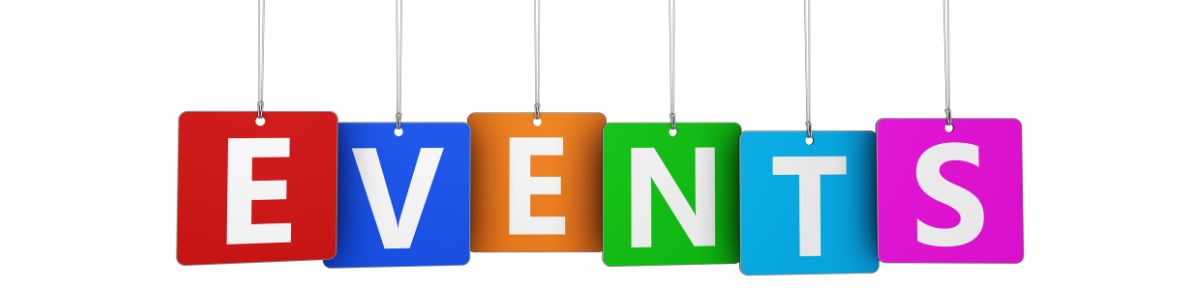 Colorful hanging blocks spelling the word “Events.”