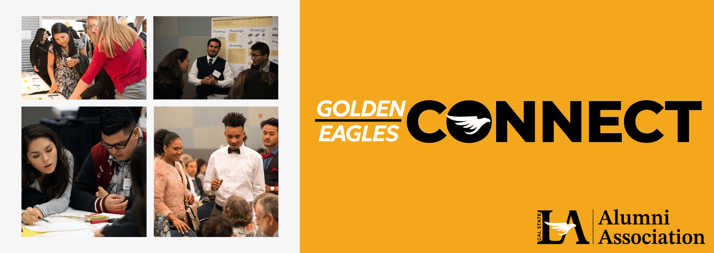 four photo collage. the first photo shows three people reviewing documents on a table. second photo shows a woman talking to two students standing in front of a poster. third photo shows two people discussing a document. fourth photo shows three students talking to alumni who are seated.