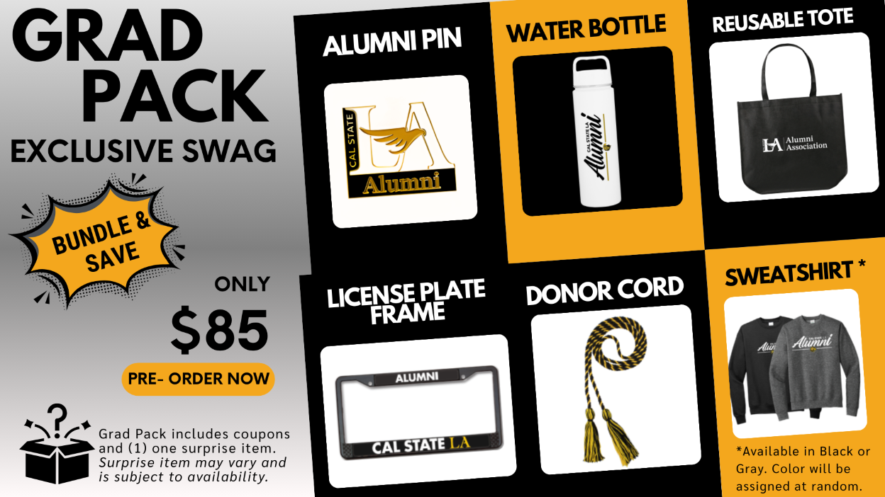 Grad Pack 2026 promotional graphic advertising exclusive swag bundle for $85, including an alumni pin, water bottle, reusable tote bag, license plate frame, donor cord, and sweatshirt, with note that sweatshirt color may vary and pack includes coupons and a surprise item.