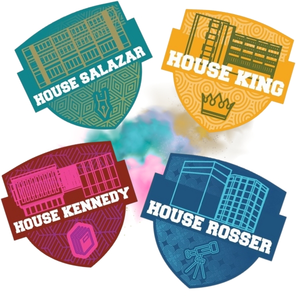 Multi Colored Shields with buildings inscribed onto them. They are labeled as such: House Salazar, House King, House Kennedy, and House Rosser.