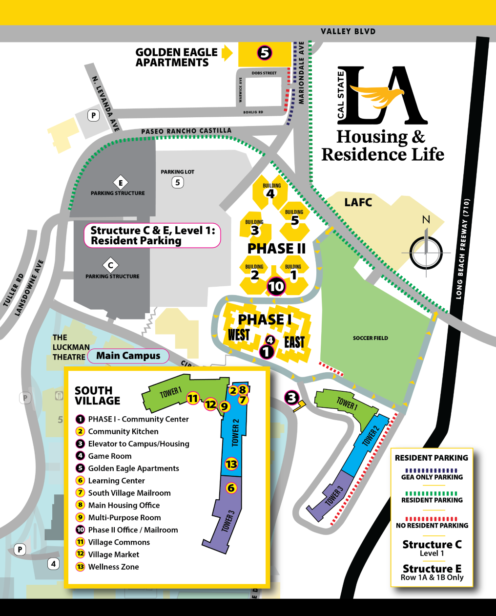 Cal State LA Housing and Residence Life map with parking and office information and locations.