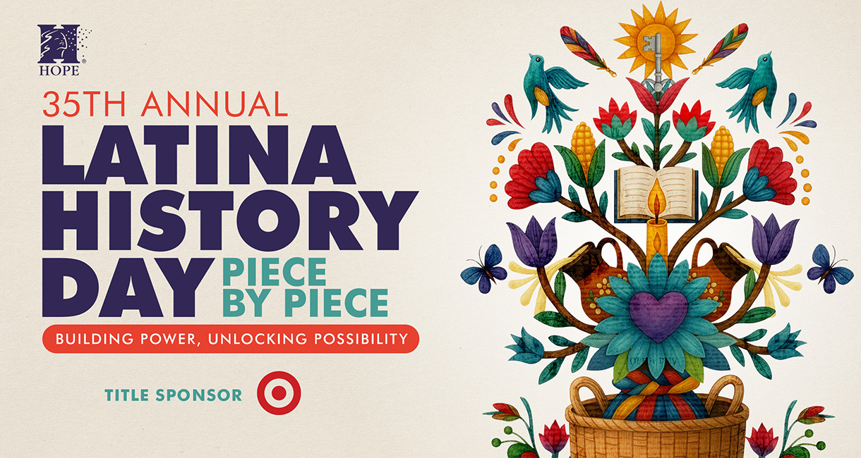 Colorful image of flowers, birds, and nature elements. text reads 35th annual latina history day. piece by piece. building power, unlocking possibility
