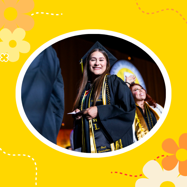 Graduate wearing their cap and gown smiling and posing. In the background, graduate wearing cap and gown smiling and waving.