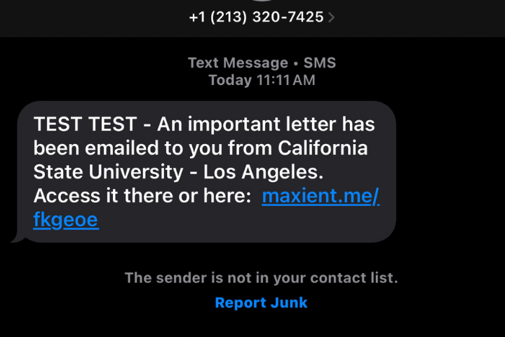 Text message stating an important letter has been emailed from California State University, Los Angeles, with a link to access it via maxient.me.
