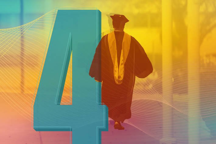 4 Student walks forward confidently in a graduation gown.