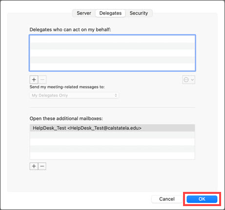Delegates tab listing a department mailbox