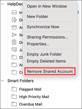 Folder pane with Shared folder shortcut menu