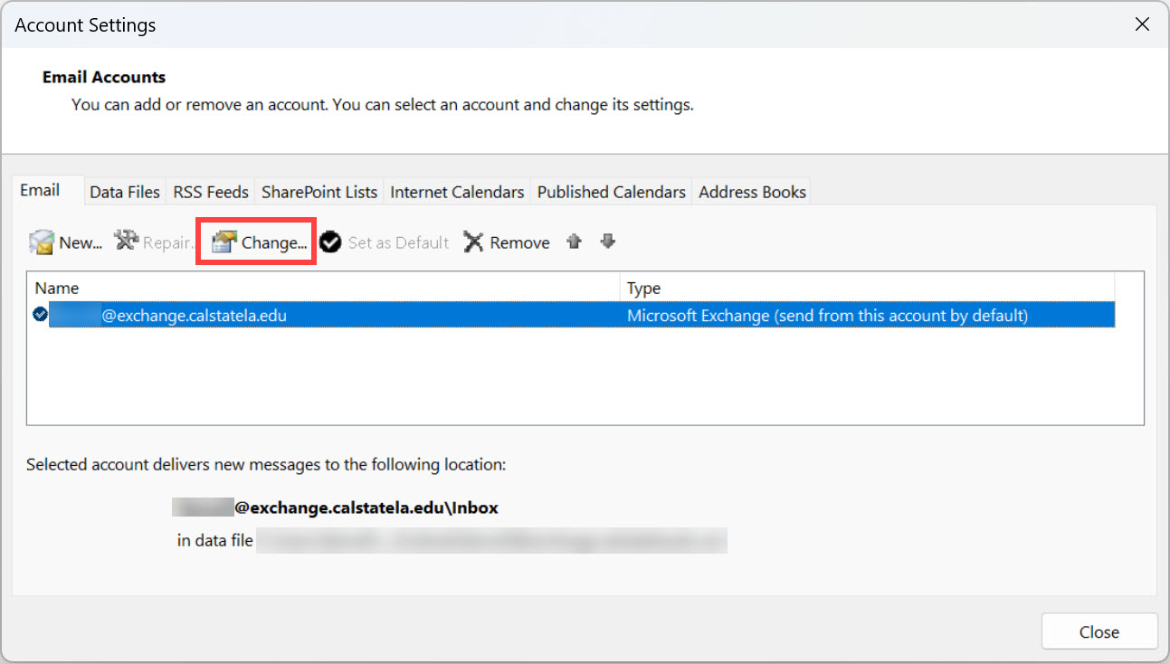 Email tab of the Account Settings dialog box