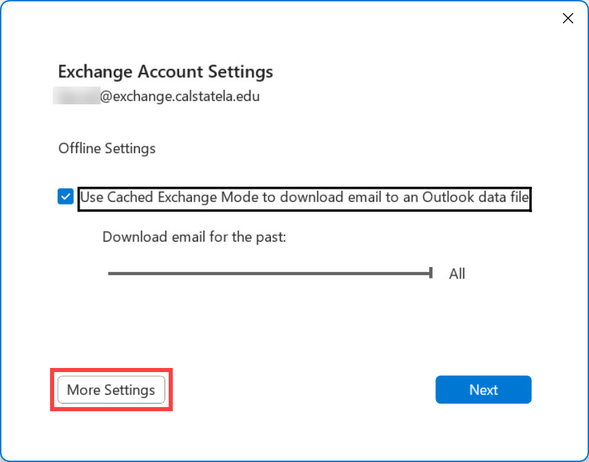 Exchange Account Settings dialog box