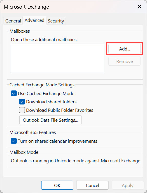Advanced tab of the Microsoft Exchange dialog box