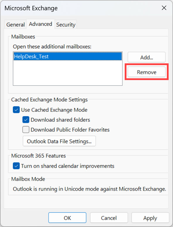 Advanced tab of the Microsoft Exchange dialog box