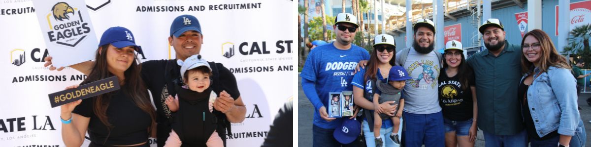 Left-A family poses in front of a Cal State LA admissions backdrop holding a “Golden Eagles” sign. Right- A group of adults and a child outdoors. 