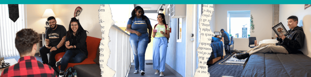 Varying students in Housing, laughing and studying together.