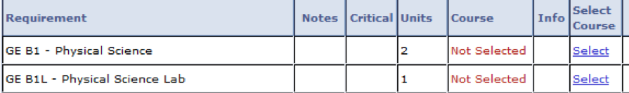Picture of Degree Planner courses with Not Selected visible