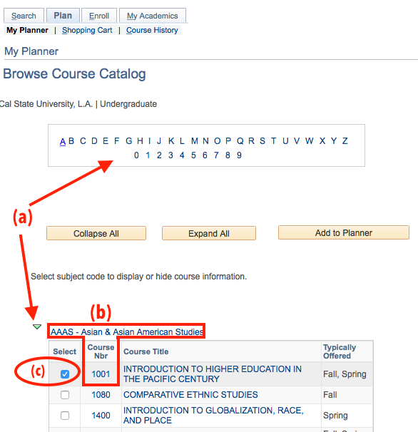 Browse Course Catalog button in My Planner