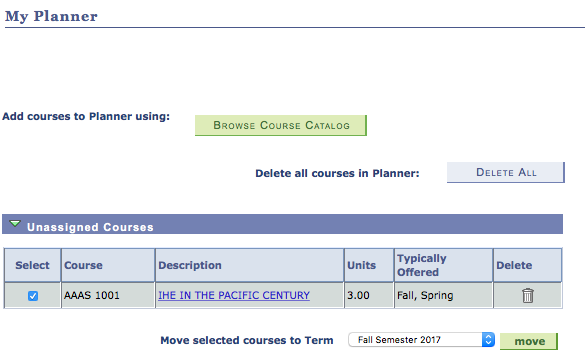 Browse Course Catalog button in My Planner