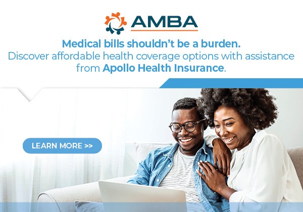 Couple smiling and looking at a laptop. Text reads: Medical bills shouldn't be a burden. Discover affordable health coverage options with assistance from Apollo Health Insurance