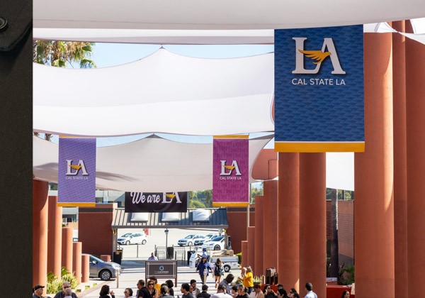 Colorful banners with the Cal State LA logo on them.