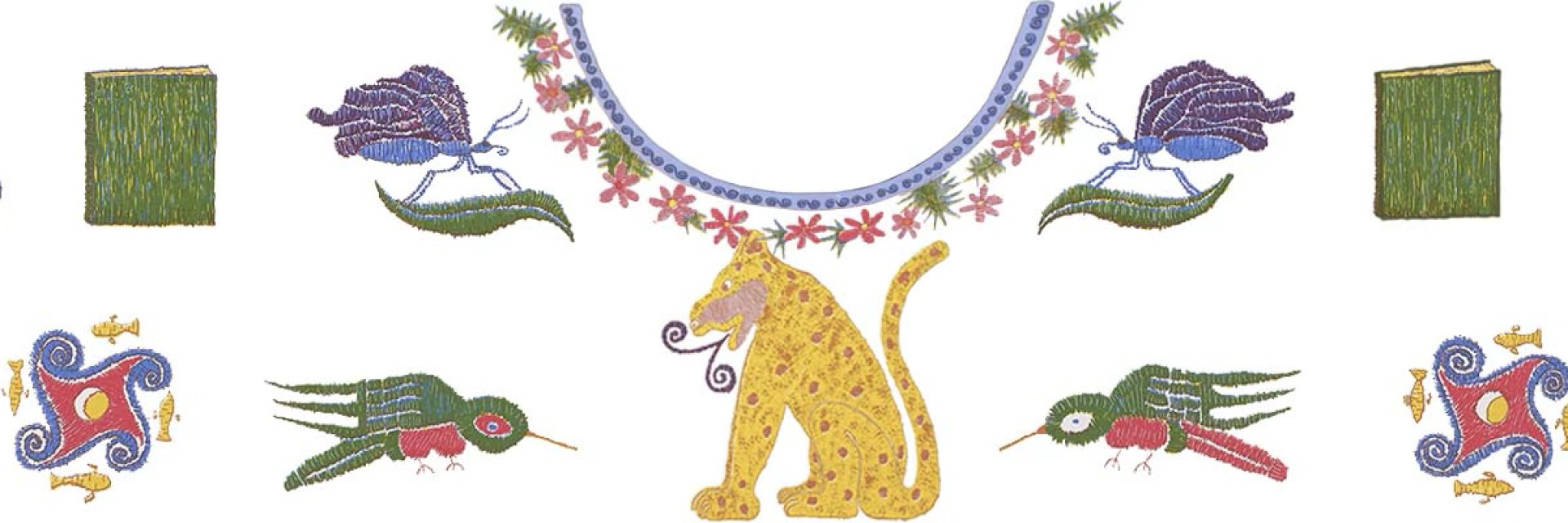 Decorative embroidered-style banner featuring symmetrical Mexican-inspired motifs, including a central yellow jaguar, hummingbirds, birds, geometric shapes, bicycles, and floral elements arranged on a light background.