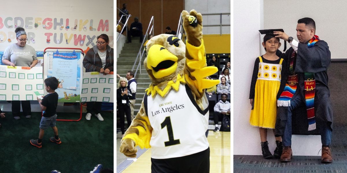 Two women stand with alphabet decorations on the wall. A school mascot. A man in graduation attire with a young girl, suggesting family graduation
