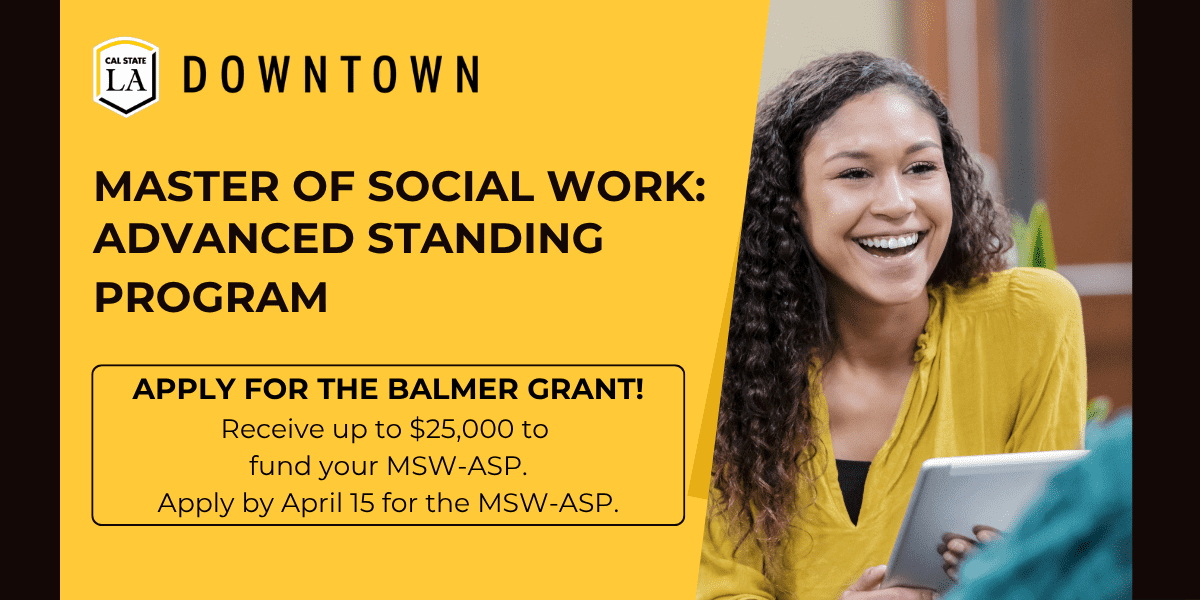 Female social worker holding a tablet smiles at client. Cal State LA Downtown logo.