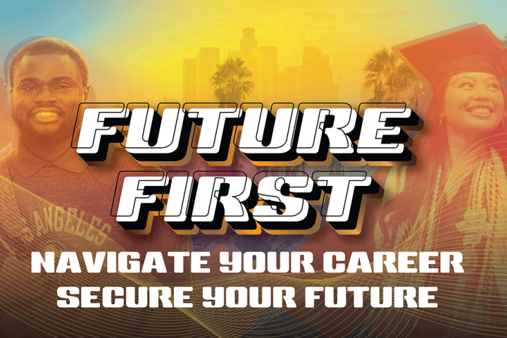 Future First: Navigate your career, secure your future. Student and graduate are smiling.