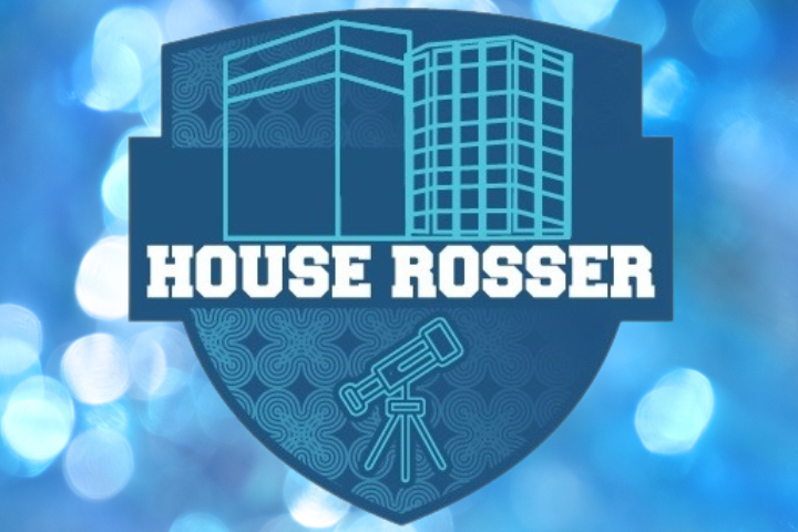A blue colored shield with magenta designs inscribed within. The text reads: "House Rosser". A blue background accompanies the graphic.