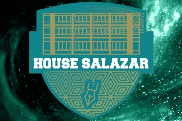 A turquoise colored shield with green designs inscribed within. The text reads: "House Salazar". A turqoise background accompanies the graphic.