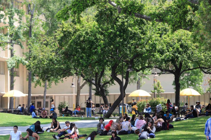 Group of students sitting on the grass in front of King Hall