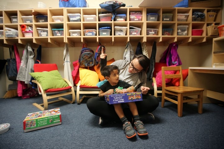 Child sitting on Teacher's lap