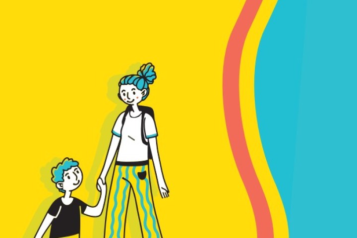 Illustration of an adult holding a child’s hand against a bright yellow background with colorful curved stripes