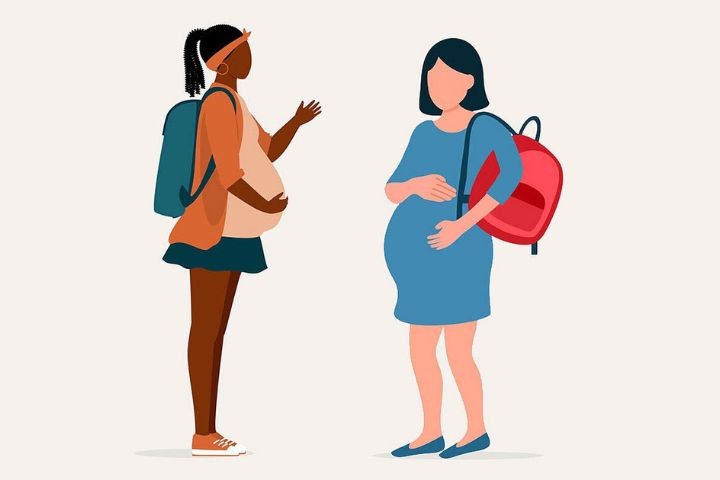 Illustration of two pregnant students wearing backpacks and talking