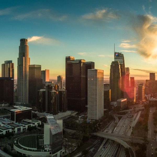 Downtown Los Angeles Skyline at sunset.