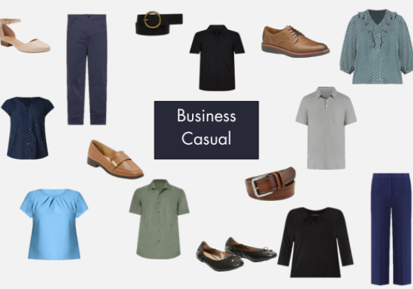 Business Casual Clothing Samples, including dark pants, solid-color button shirts, and close-toed business shoes.