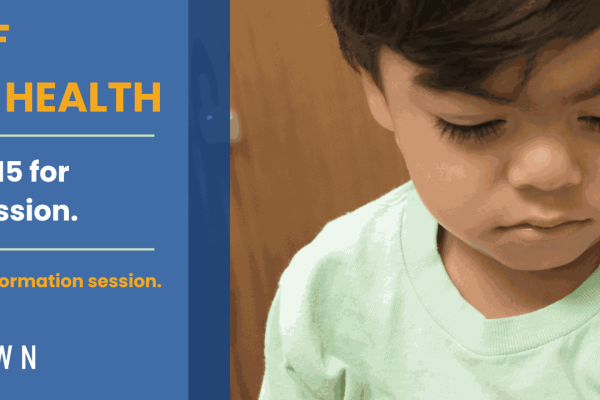 Cal State LA Downtown logo. Male child receive shot in arm from public health person.