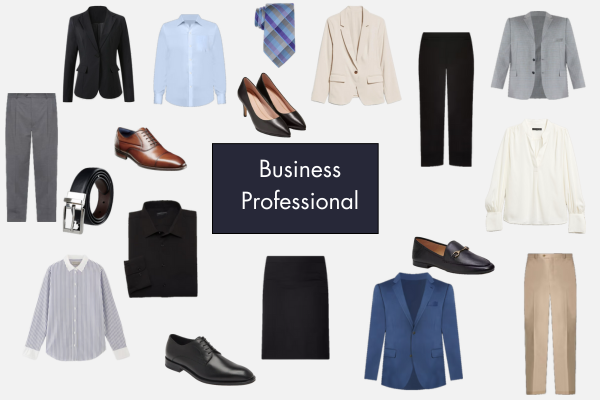 Business Professional Clothing Samples, including suit pants and jacket, dark dress shoes, ties, and collared shirts.