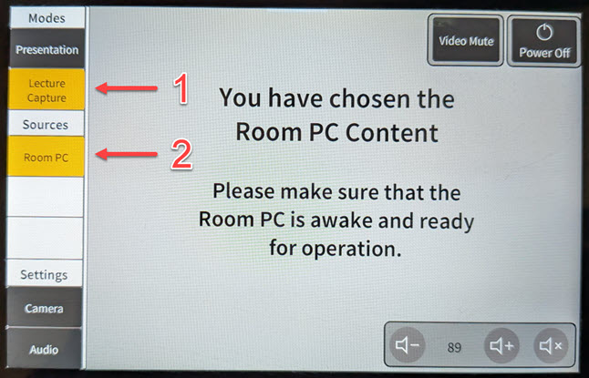 Touch panel home screen with Lecture Capture mode and Room PC source selected