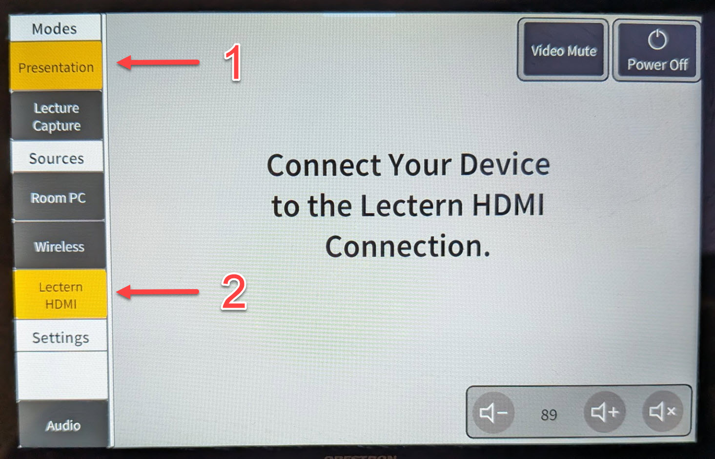 Touch panel home screen with Presentation mode and Lectern HDMI source selected