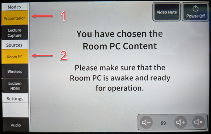 Touch panel home screen with Presentation mode and Room PC source selected