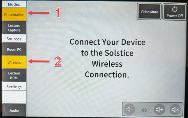 Touch panel home screen with Presentation mode and Wireless source selected